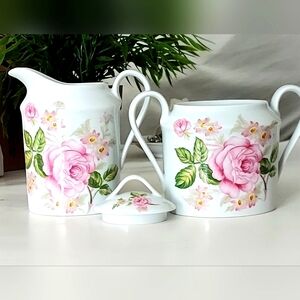 Rare HTF Limoges France Authentique Porvmceliane Pink Rose Pattern Cream & Sugar